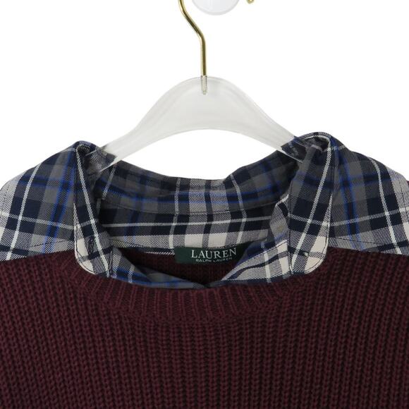 Lauren Ralph Lauren Maroon Knit Layered Sweater Plaid Collar XL Women's Preppy - Picture 3 of 7